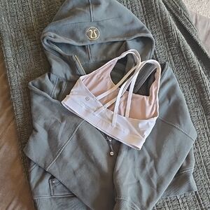 Lululemon Green Hoodie and White Sports Bra Set